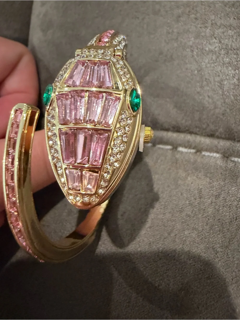 Gold-Plated Snake Cuff Bracelet Watch with Pink and Green Sones